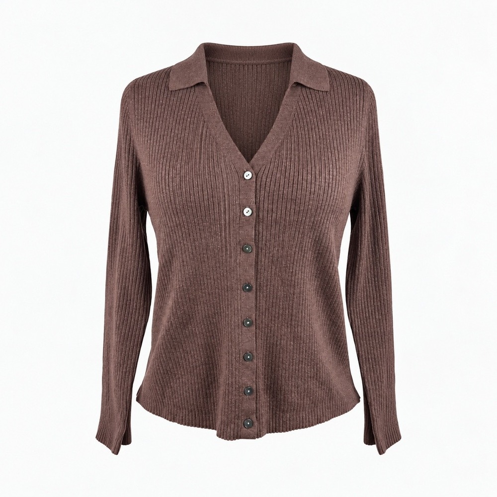 A New Day Brown Ribbed Polo Collar Cardigan Sweater Button Front V-Neck NWT M